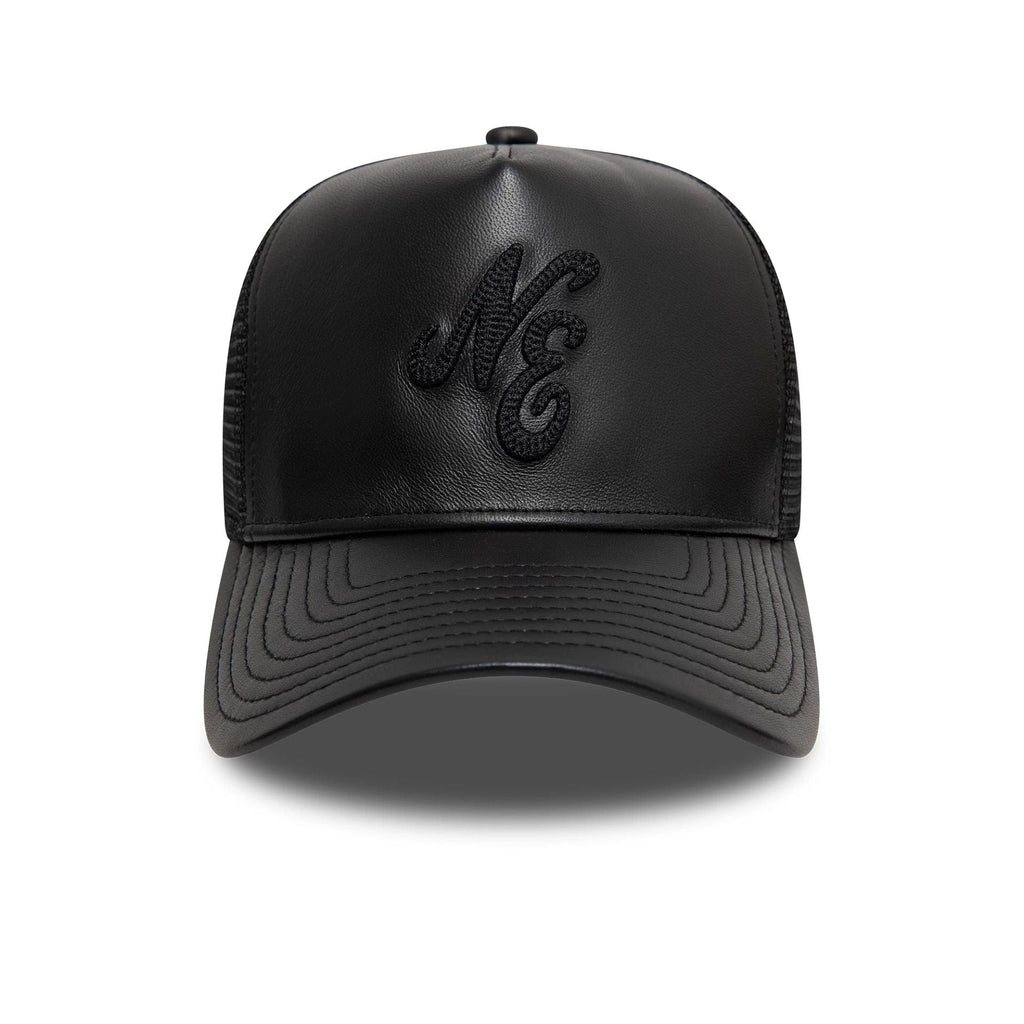 New Era Leather Black 9FORTY A-Frame Trucker Adjustable Cap