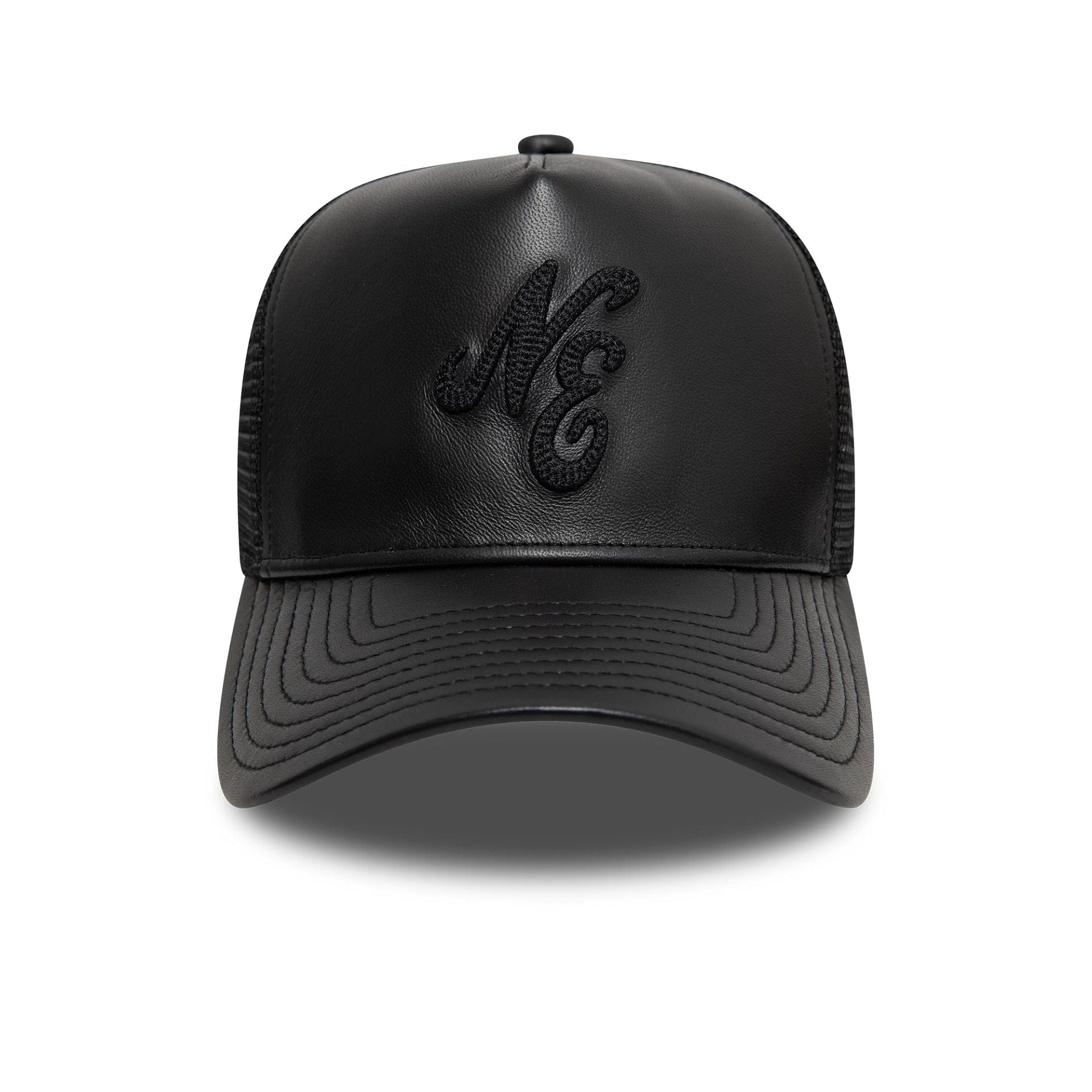 New Era Leather Black 9FORTY A-Frame Trucker Adjustable Cap
