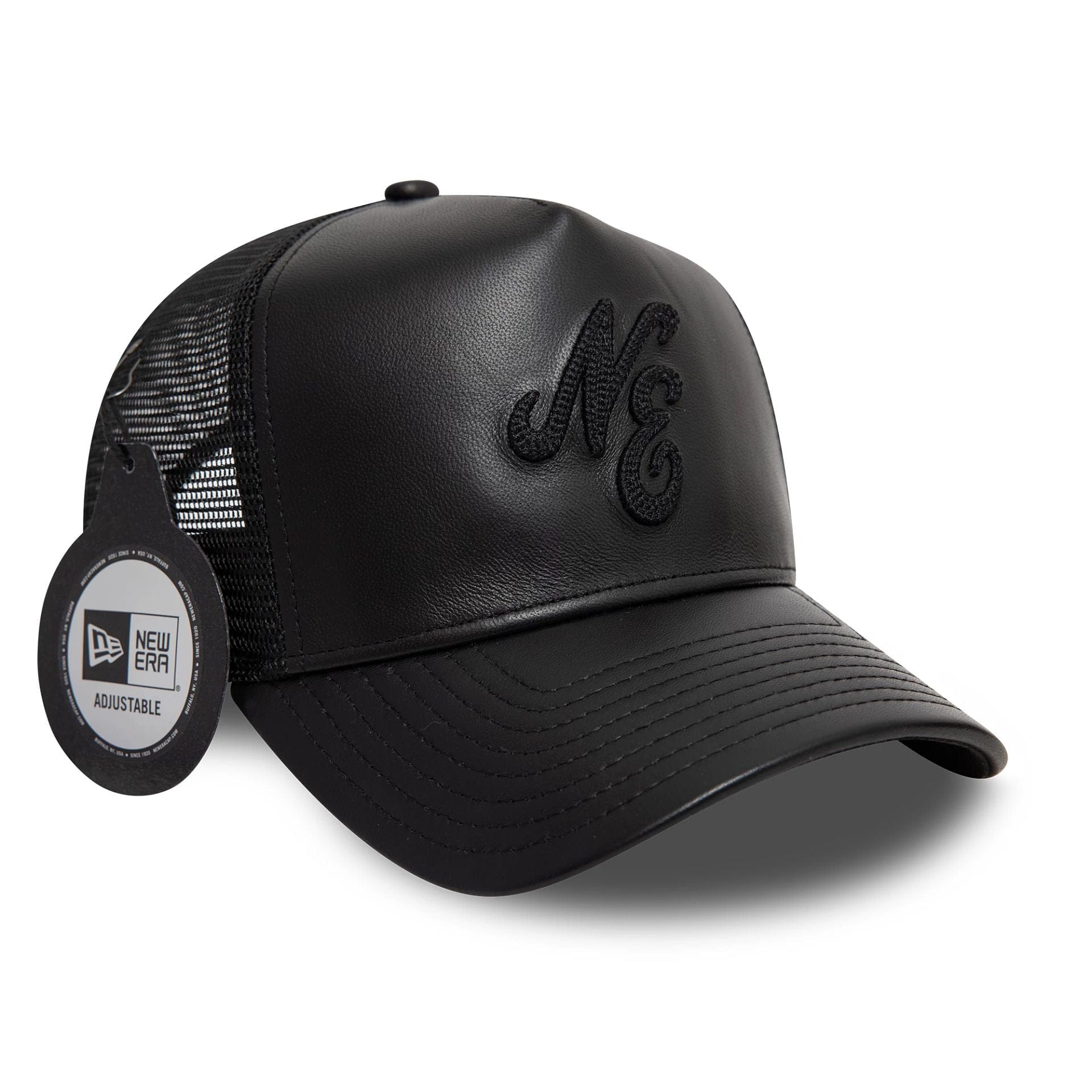 New Era Leather Black 9FORTY A-Frame Trucker Adjustable Cap