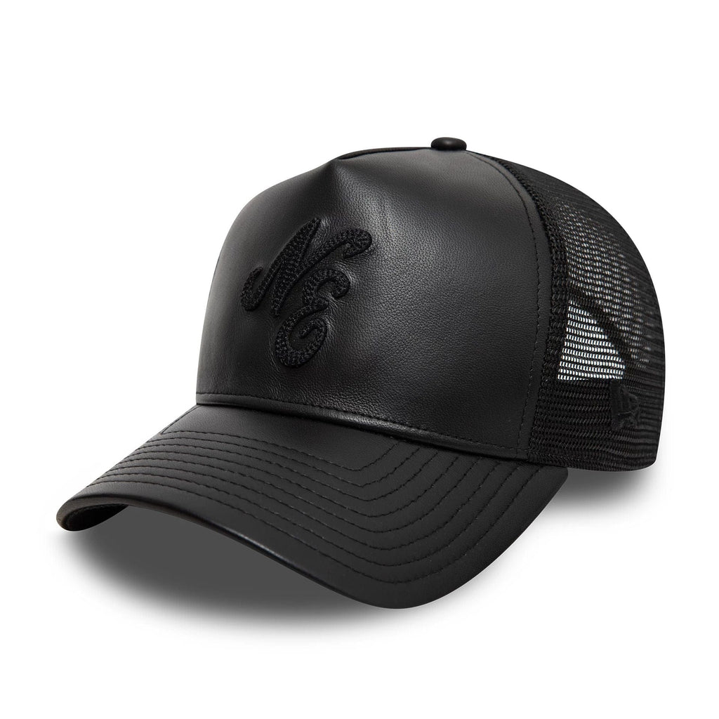 New Era Leather Black 9FORTY A-Frame Trucker Adjustable Cap